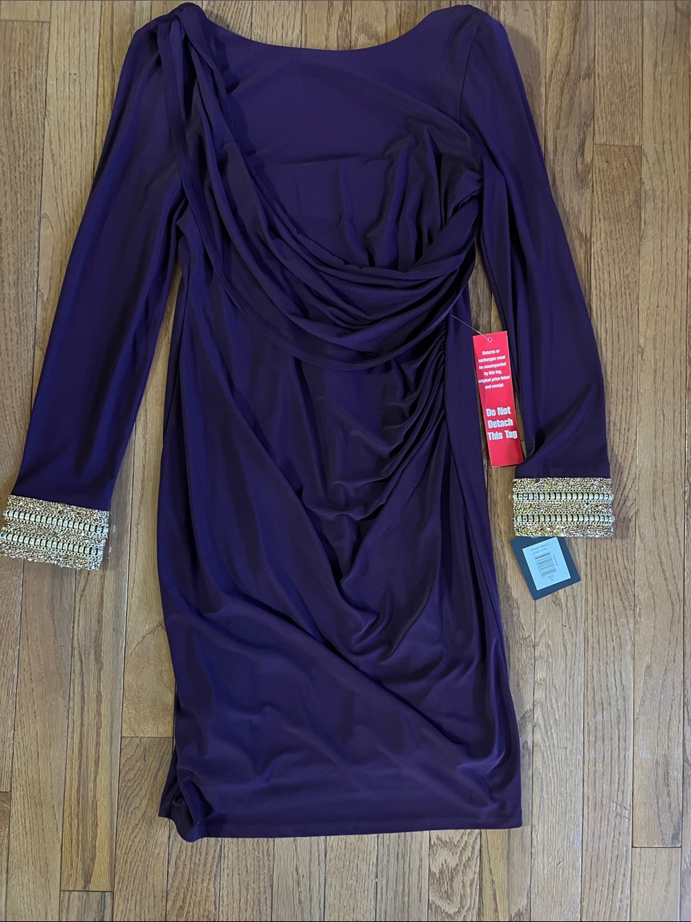 Draped Long-Sleeve Cocktail Dress with Embellished Cuffs — Deep Purple
